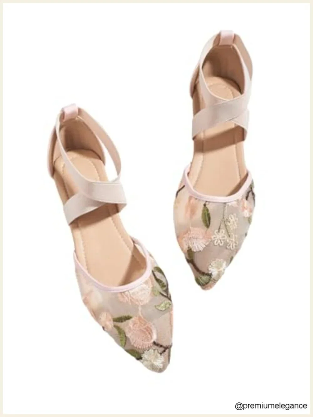 Women's Floral Embroidery Mesh Ballet Flats Pointed Toe Ankle Strap Ballerina